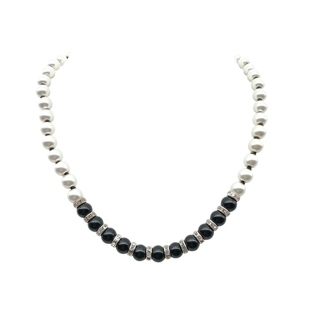 Elegant Vintage Black & White Beaded Necklace with Rhinestone Accents & Adjustab